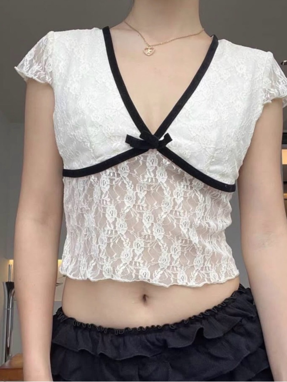 White Lace Crop Top with Black Trim